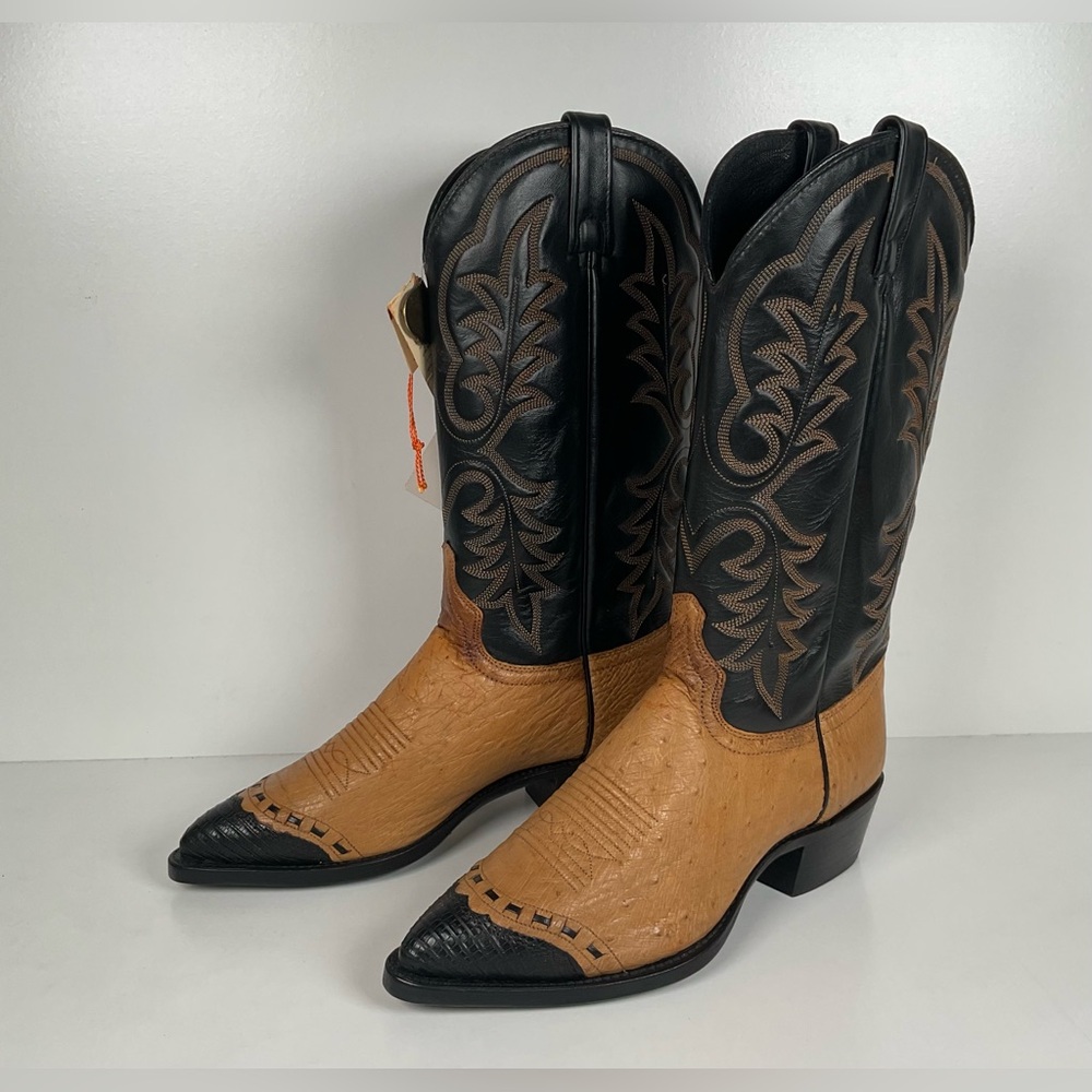 Vintage J. Chisholm Smooth Ostrich Cowboy Boots | Teju Lizard Wingtip | 8.5 EE